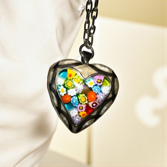 Murano Jewelry - Murano AUTH Mosaic Heart Millefiori PENDANT Mother of Pearl .925 Silver Alan K.